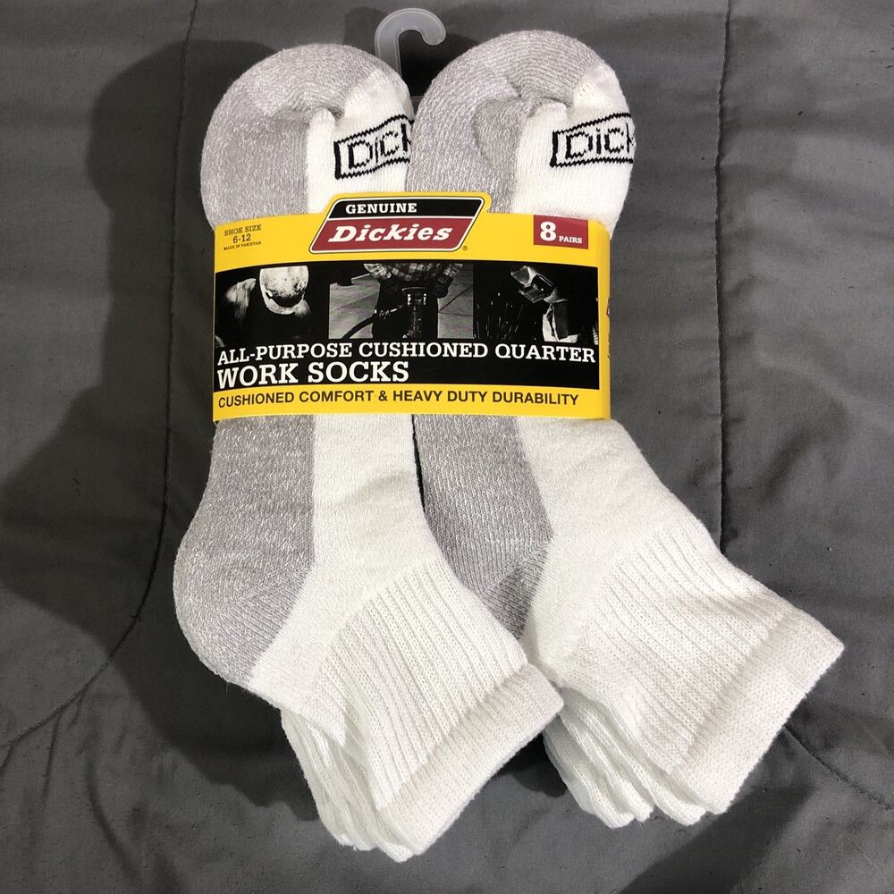 DICKIES Mens Socks Quarter Work Cushioned Soft 8 Pair Shoe Size 6-12 White NEW